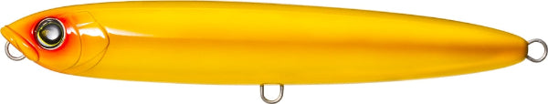 Yellow and orange fishing lure with a hook on a white background