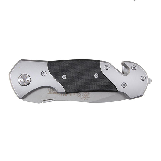 Silver and black Smith & Wesson folding knife with rescue tool.