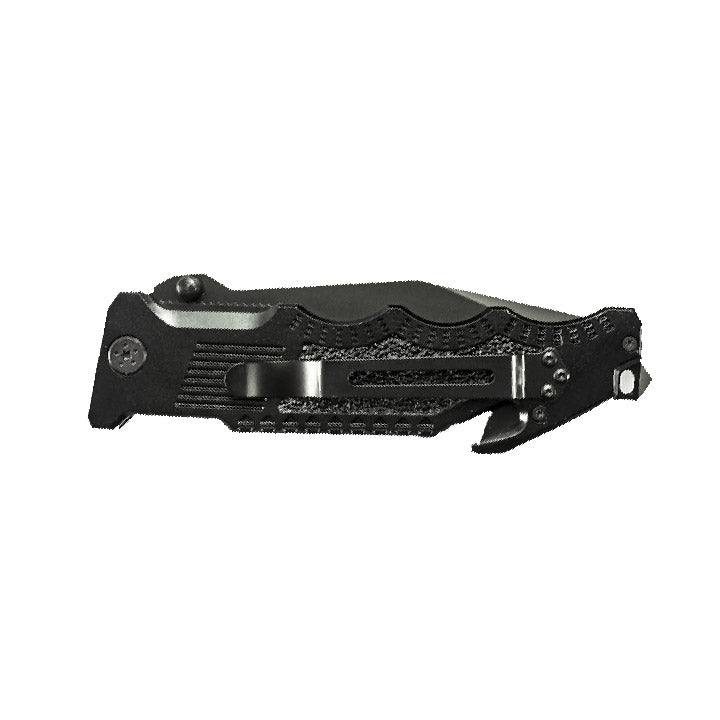 Closed black folding knife with textured grip and metal pocket clip.