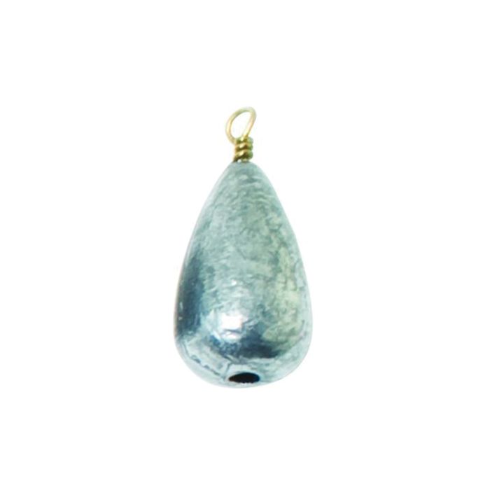 A dull silver teardrop fishing sinker with a small gold wire loop.