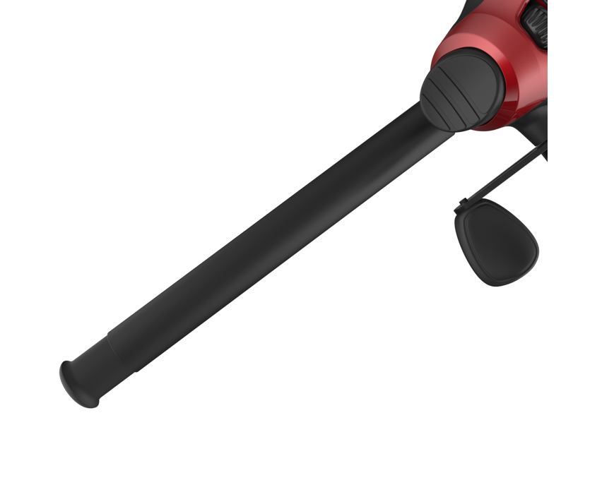 Close-up of a red and black fishing reel attached to a black rod.