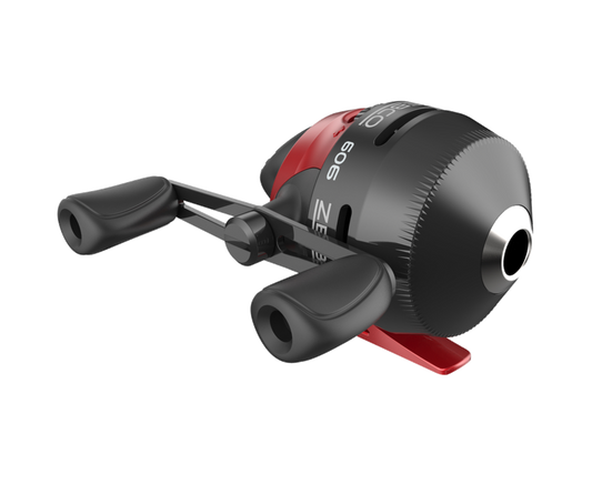 Black and red Zebco 606 spincast fishing reel with dual handles.