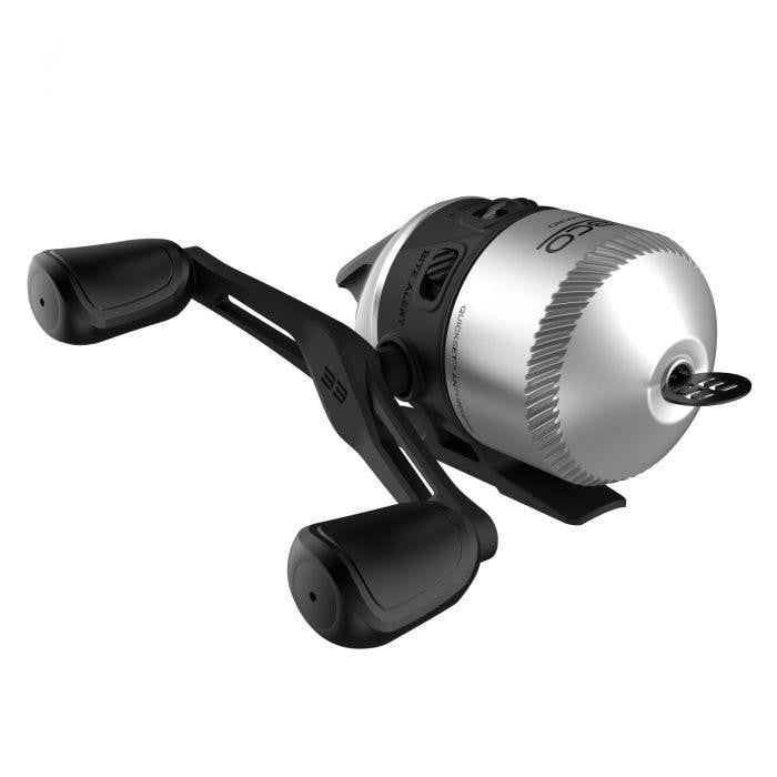Silver and black Zebco 33 spincast reel with black handle.