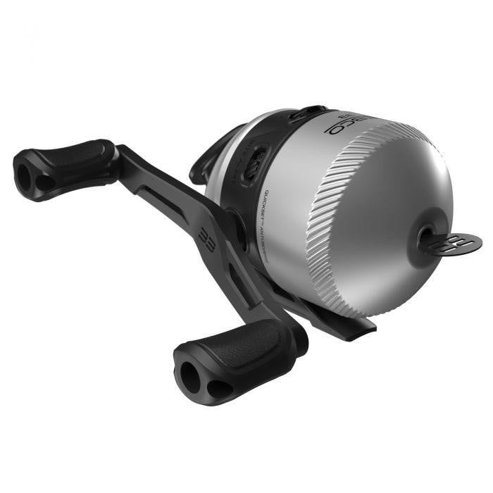 Silver and black Zebco 33 spincast reel with ridged body and textured handle.