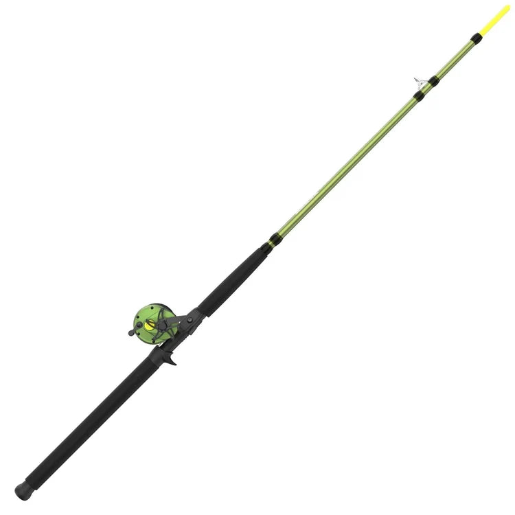Green and black fishing rod and reel combo with a yellow tip.