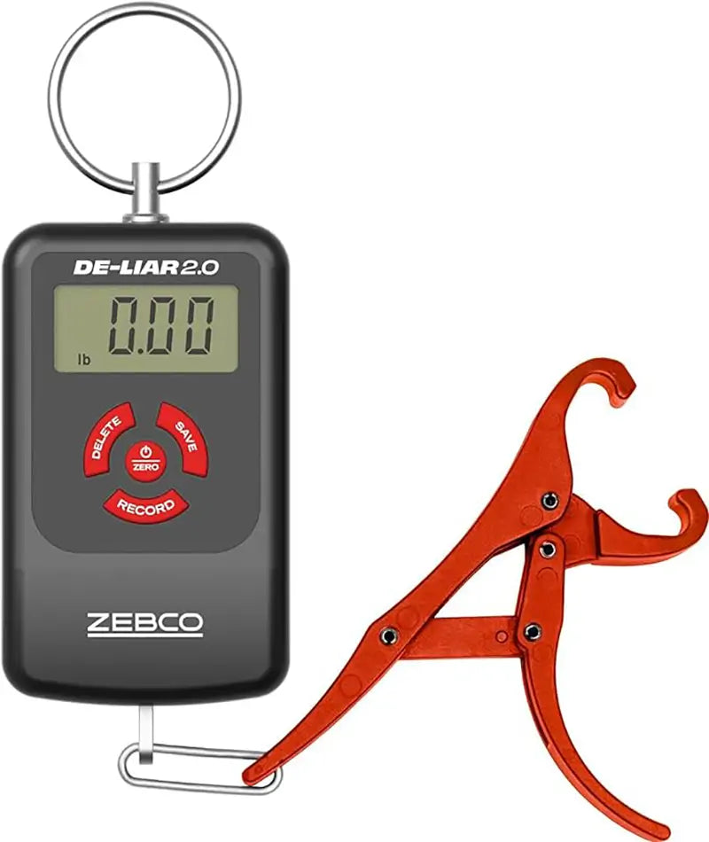 Black Zebco digital fish scale with red buttons and an orange fish gripper.