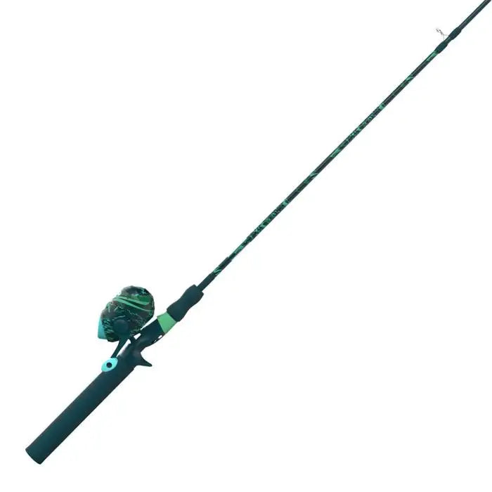 A dark green fishing rod and spincast reel with a teal grunge pattern.