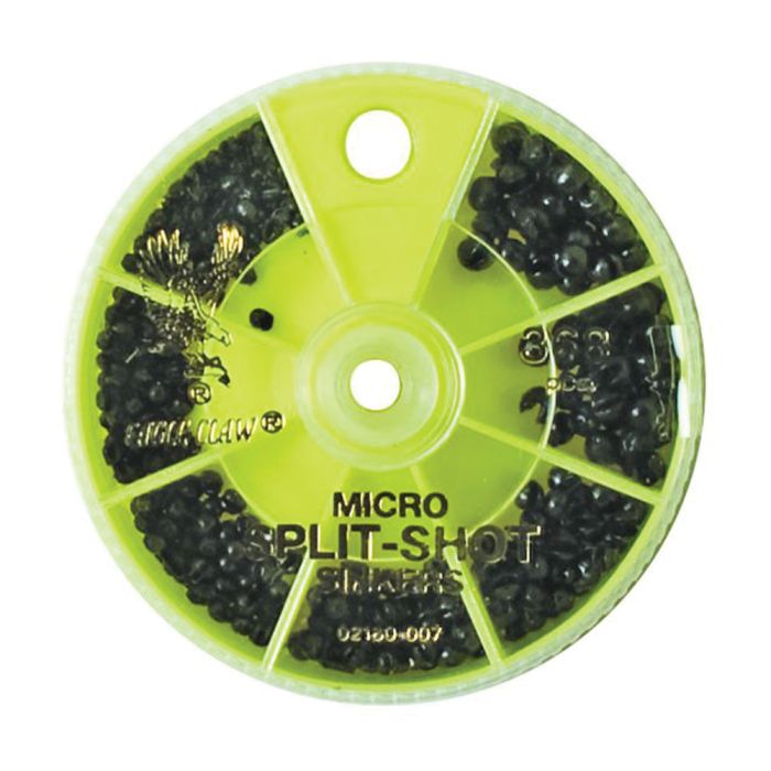 Round, lime green Eagle Claw container with dark micro split-shot sinkers.