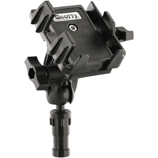 Angled view of a black Scotty phone holder with a post mount.
