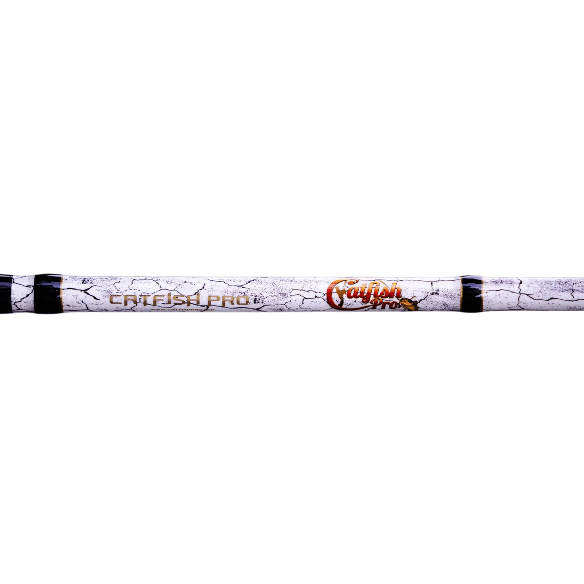 A close-up of a white and black crackle-patterned fishing rod blank with 'CATFISH PRO' and 'Canyon Cross' branding.