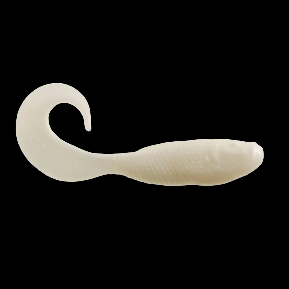 An off-white translucent soft plastic fishing lure shaped like a small fish with a curved tail, shown against a plain white background.