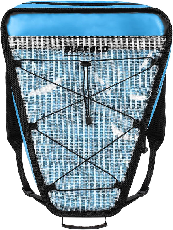 Blue backpack cooler with black straps and a clear front panel on a white background