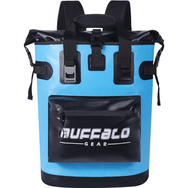 Blue backpack with black accents and 'Buffalo Gear' logo on a white background