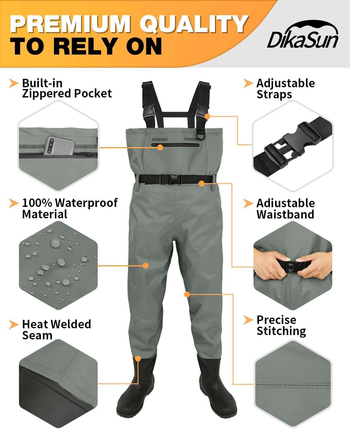 DikaSun Bootfoot Chest Waders with Boots Grey