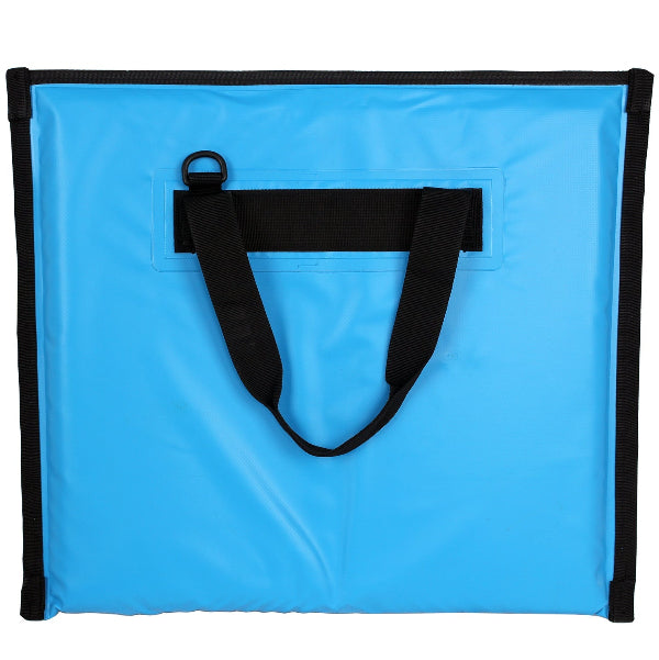 Blue bag with black handles on a white background