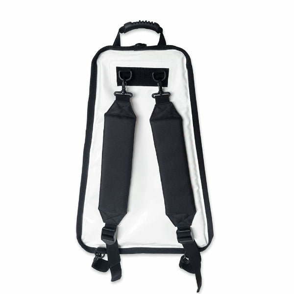 Clear backpack cooler with black straps on a white background