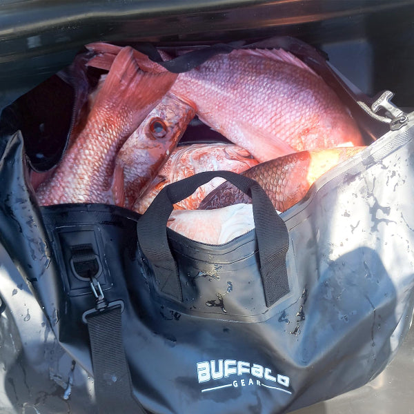 Fish in a insulated cooler bag with 'Buffalo Gear' branding.