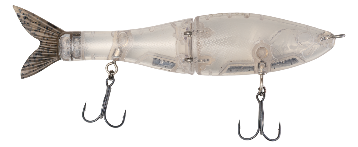 Fishing lure shaped like a fish with hooks on a white background