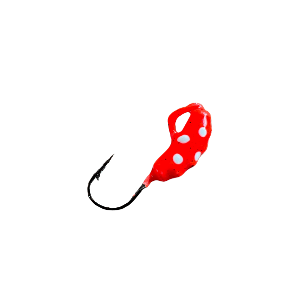 Red and white fishing lure with a black hook on a white background