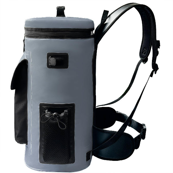 Gray backpack with a cylindrical cooler compartment on a white background