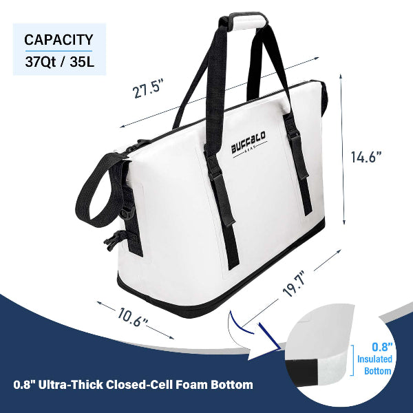 White cooler bag with black straps and dimensions on a white background
