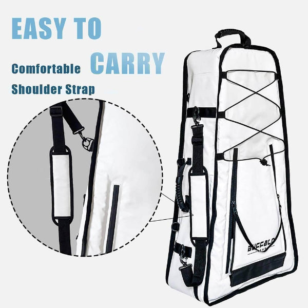 White and black bag with a shoulder strap, labeled 'Easy to carry' and 'Comfortable Shoulder Strap'.