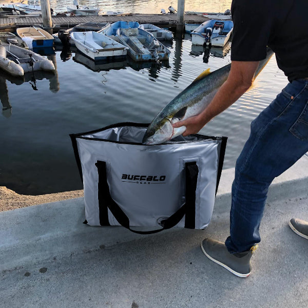 Person placing a fish into a 'Buffalo' branded cooler bag by a dock.