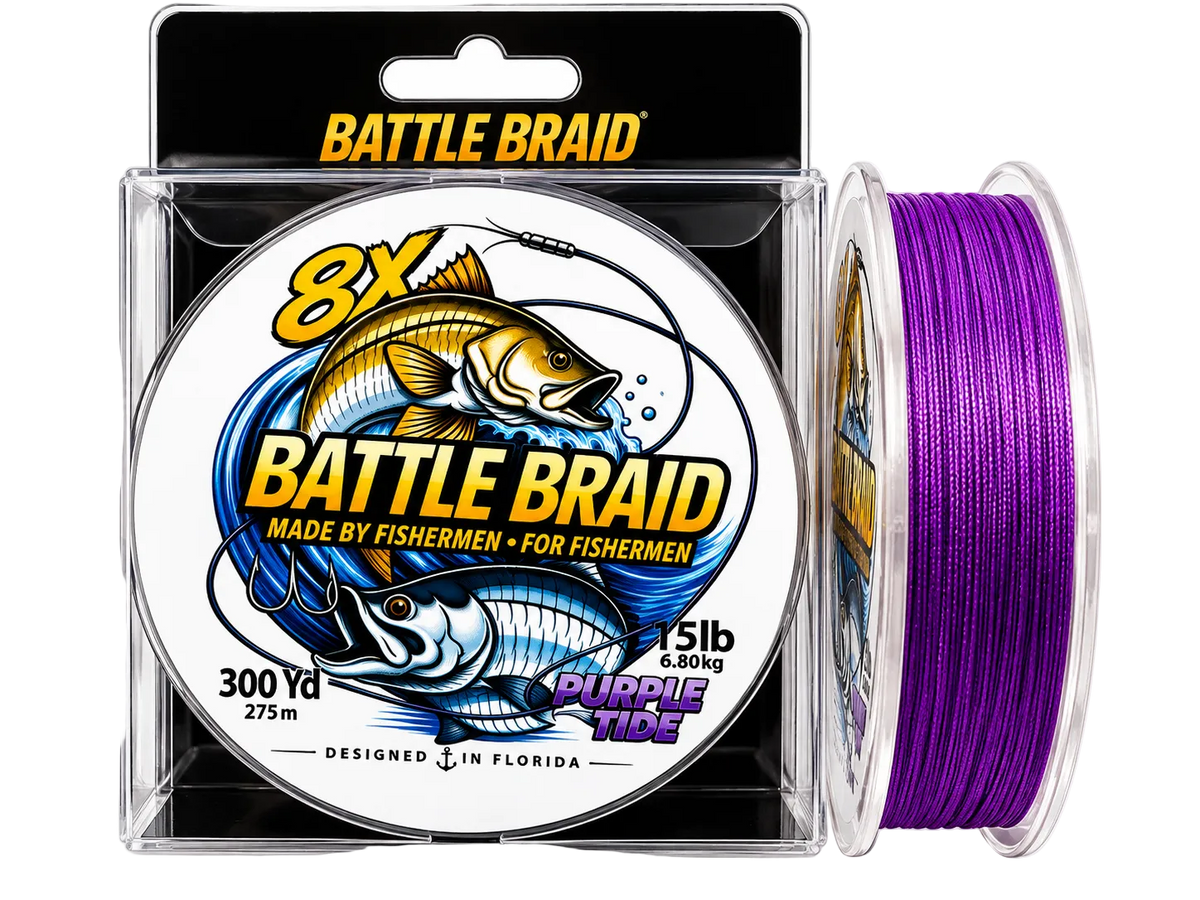 Battle Braid 8x fishing line in a clear plastic package with a spool of purple line shown beside it on a white background.