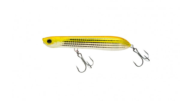 A yellow and white fishing lure with black stripes, featuring a realistic eye and two silver treble hooks, shown against a plain white background.