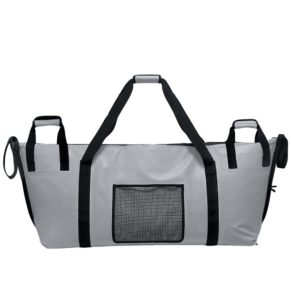 Gray cooler bag with black straps on a white background
