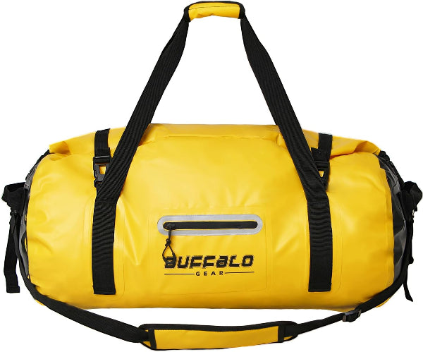 Yellow duffel cooler bag with black straps and 'Buffalo Gear' logo on a white background