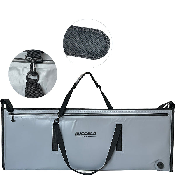 Gray cooler bag with black straps and detailed views on a white background