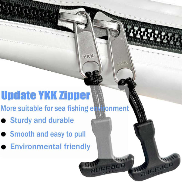 YKK zipper with black pullers on a white background, featuring text about the zipper's suitability for sea fishing.