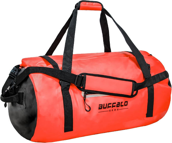 Red duffel bag with black straps and 'Buffalo Gear' branding on a white background