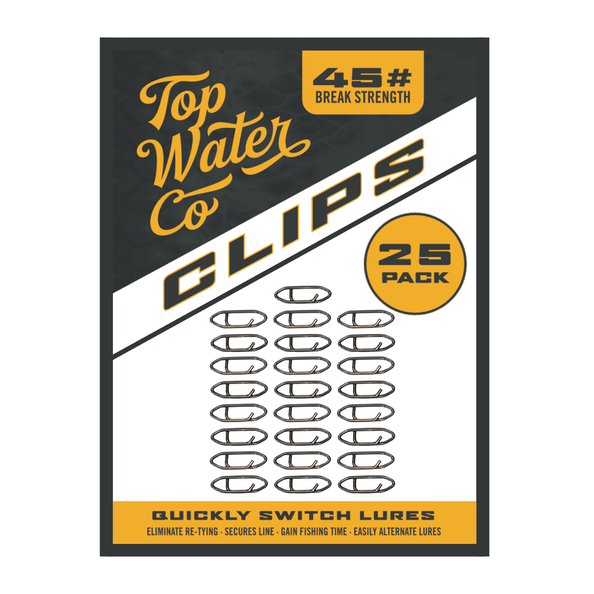 Top Water Co. Clips packaging with yellow and black design on a white background