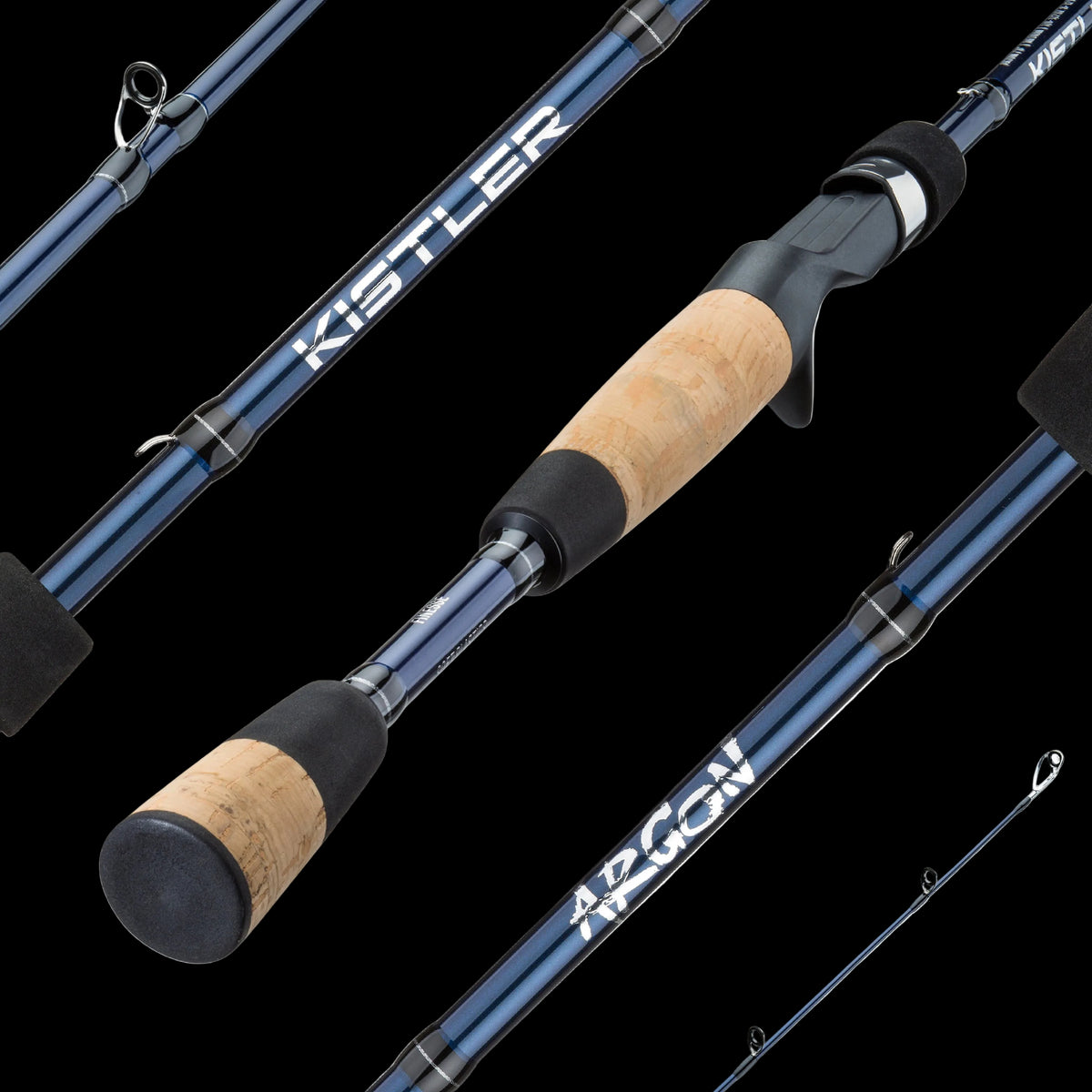 Blue and black Kistler fishing rod shown in multiple close-up and full-length views on a white background, with cork handles and visible Kistler and Argon branding.