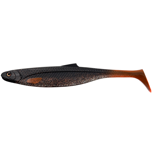 Fishing lure with black and orange pattern on a white background