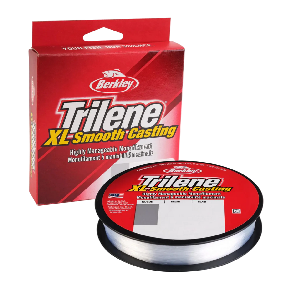 Berkley Trilene XL Smooth Casting fishing line packaging and spool on a white background