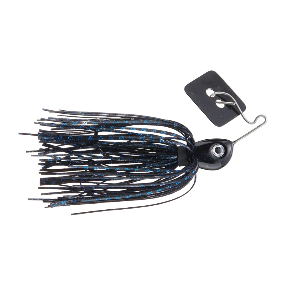A black and blue skirted fishing lure with a black plastic head, metal split ring, and hook, shown on a plain white background.