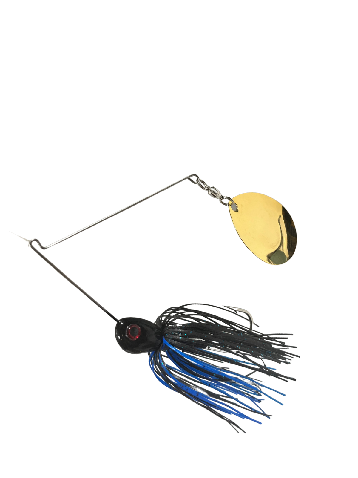 Fishing spinner with a yellow blade and blue and black skirt on a white background