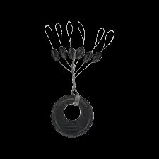 A black fishing weight with several attached wire hooks and dark beads, shown on a plain white background.