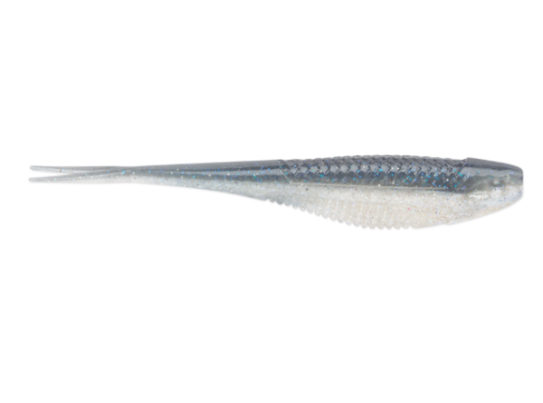 Translucent grey and white fishing lure with scale texture and split tail.