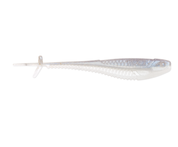 Translucent albino shad soft plastic fishing lure with ribbed belly.