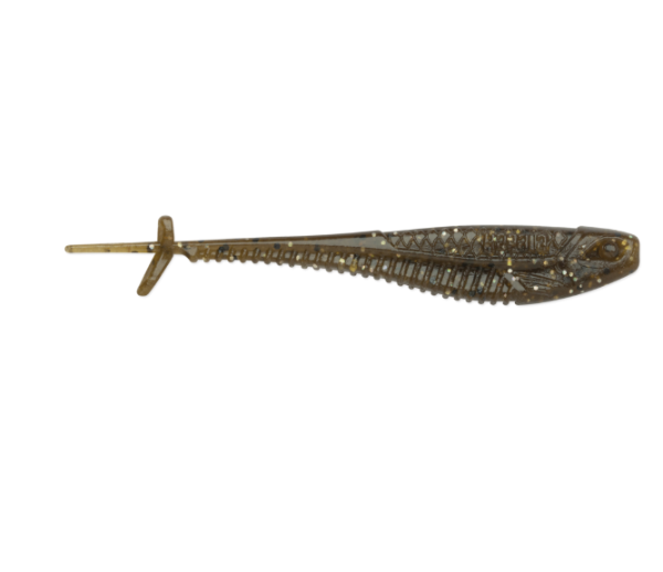 Green pumpkin magic soft plastic minnow lure with glitter flakes.