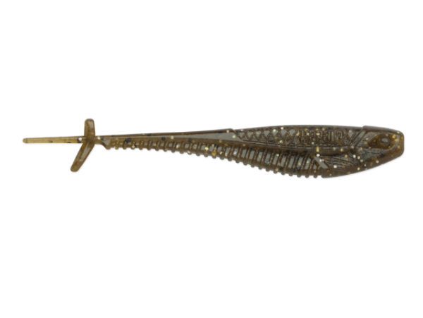 Green pumpkin magic soft plastic fishing lure with ribbed body and cross tail.