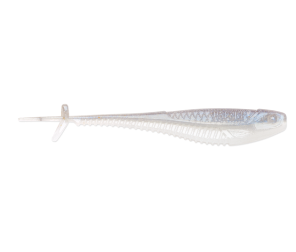 Horizontal translucent white Rapala fishing lure with blue-silver scale pattern.