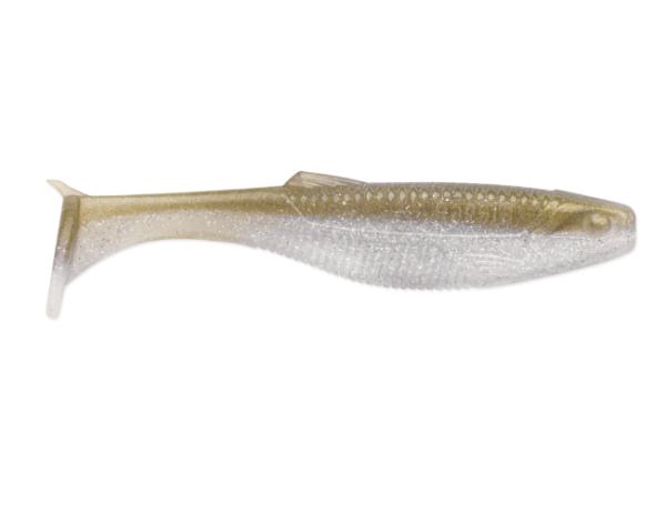 Gold and silver glitter soft plastic shad fishing lure with paddle tail.