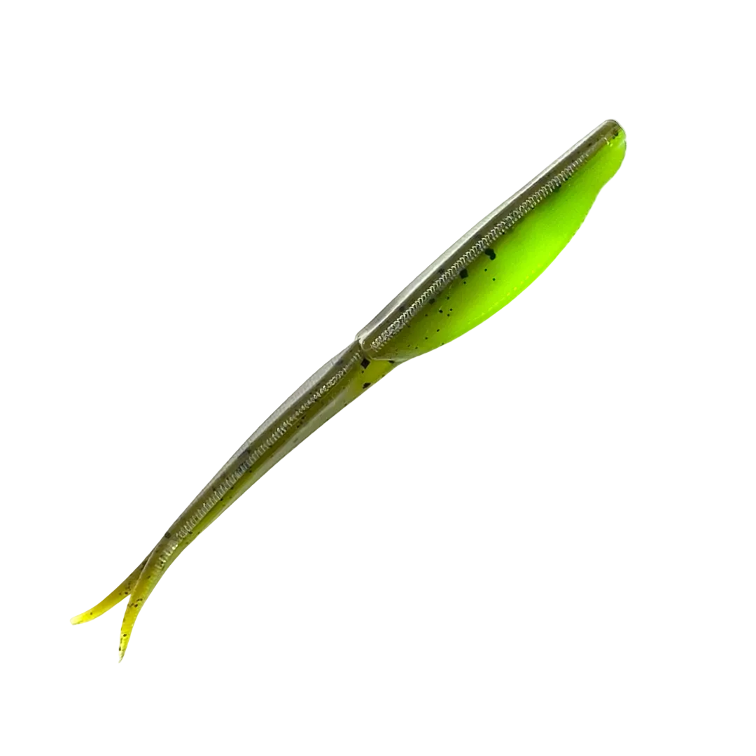 A soft plastic fishing lure shaped like a small baitfish, shown diagonally on a solid white background. The lure features a translucent olive-green body with a bright neon chartreuse yellow-green tail and a black glittery back.