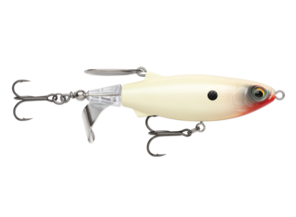 A hard bait fishing lure with a cream-colored body, a red-orange tail, a clear plastic diving lip, and two treble hooks, shown against a solid white background.