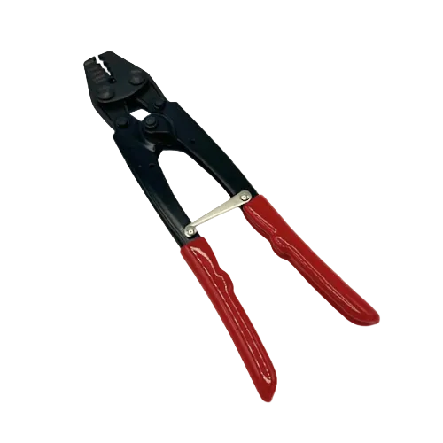 A pair of wire stripping pliers with black metal jaws and red handles, shown on a plain white background.